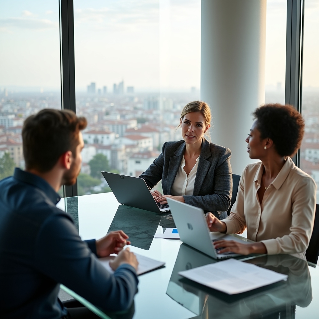 Business team in a modern Madrid office discussing freelancer collaboration and financial processes