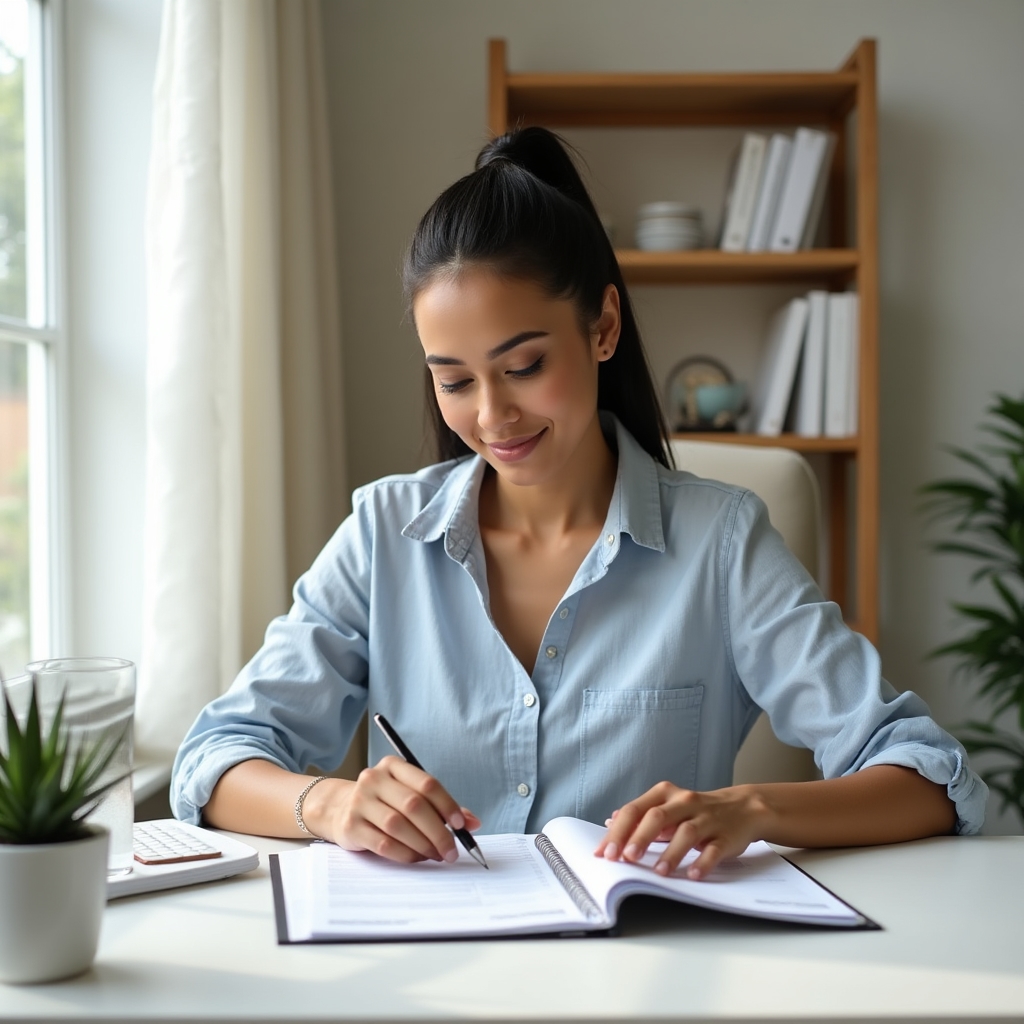 Freelancer studying financial documents at a modern desk