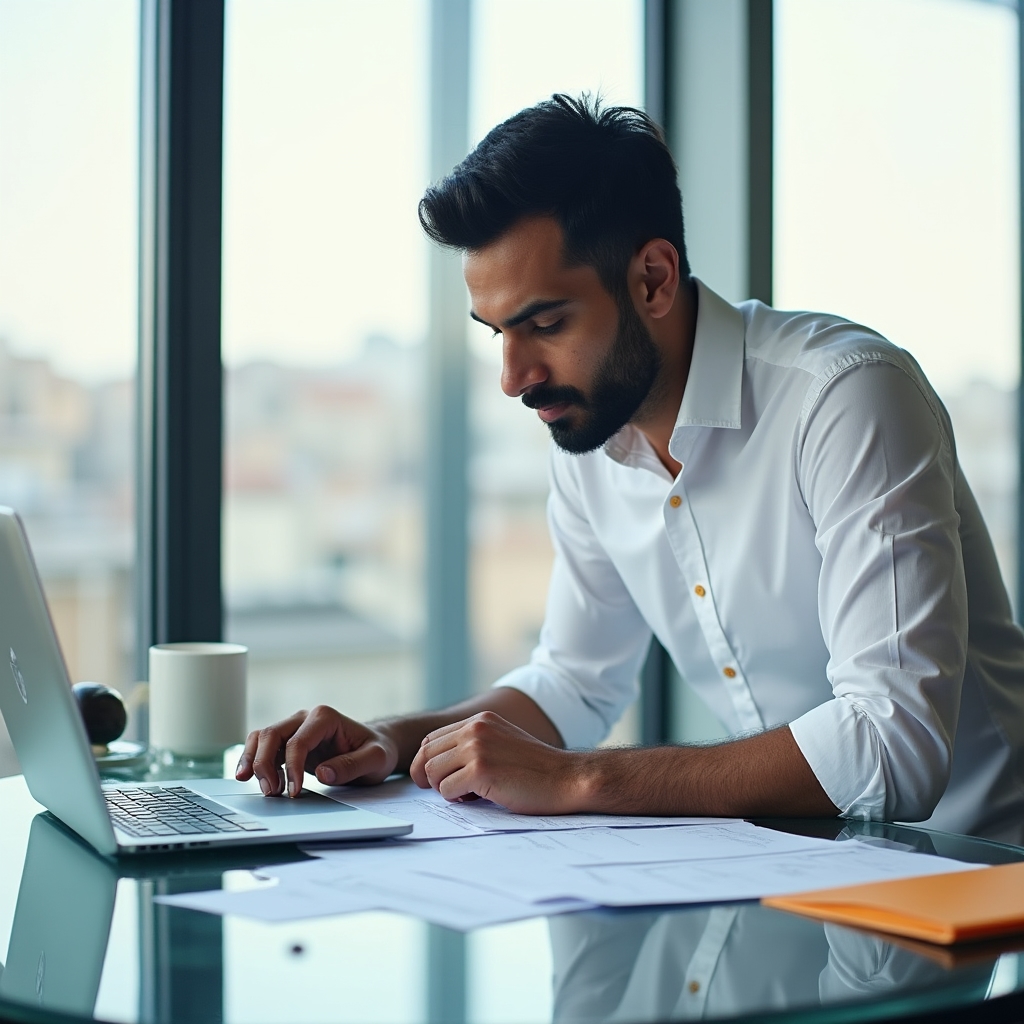 Professional reviewing VAT forms and tax documents on laptop