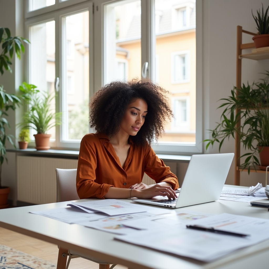 Freelancer working at a bright home office with financial documents and laptop
