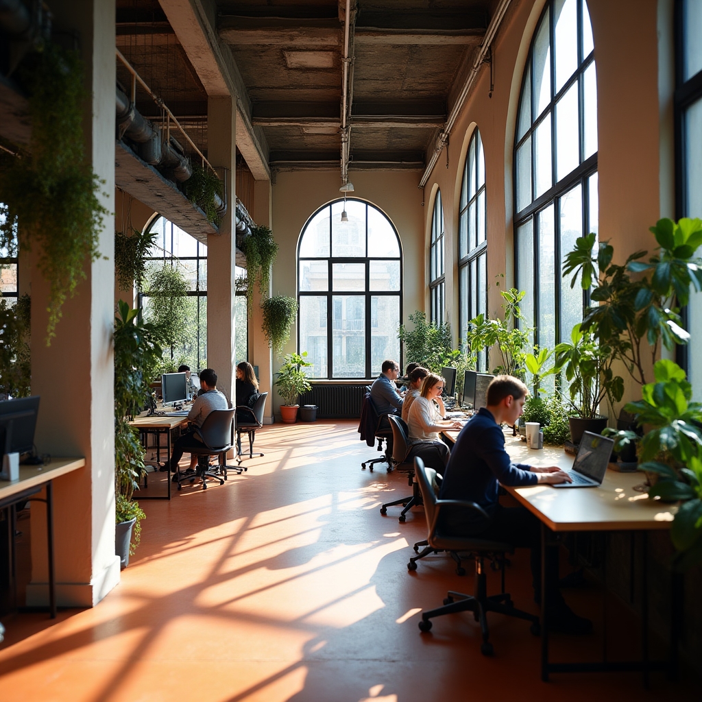 Modern coworking space in Madrid with professionals at work