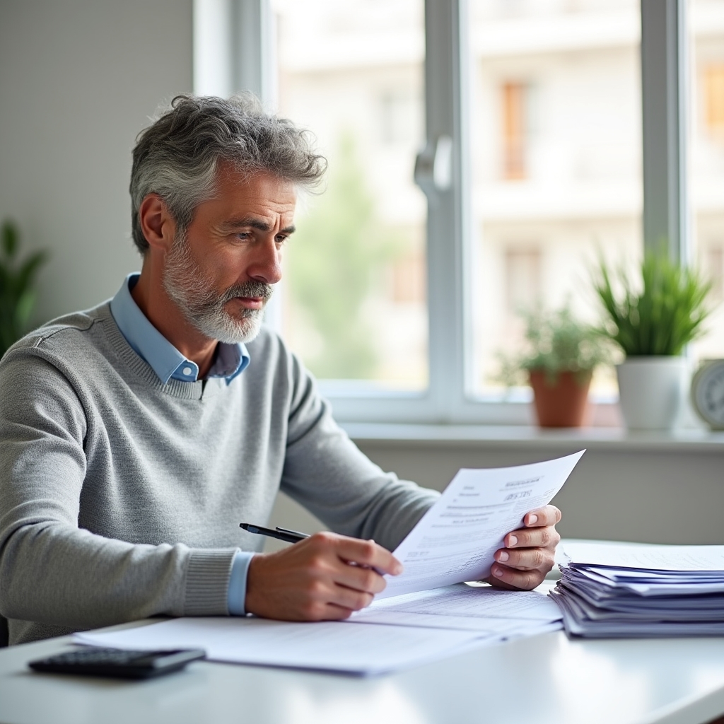 Professional reviewing Spanish tax documents and forms at a clean desk